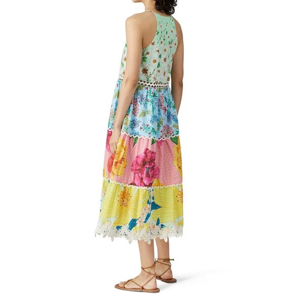 Farm Rio Mixed Floral Print Multicolor Tiered Paneled Halter Midi Dress Size M - Picture 2 of 7